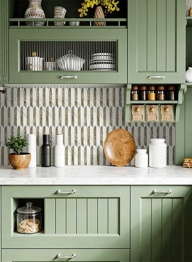 رَوَائِد ملصقات بلاط حائط فينيل ثلاثي الأبعاد بتصميم رخام أبيض وأخضر فاتح، مقاس 10×10 بوصة (5 قطع)، بلاط لاصق ذاتي بتقنية التقشير واللصق بقوة التصاق أقوى 5 مرات، مقاوم للماء، مناسب كخلفية للمطبخ والحمّام وتزيين الجدران. - Image 2